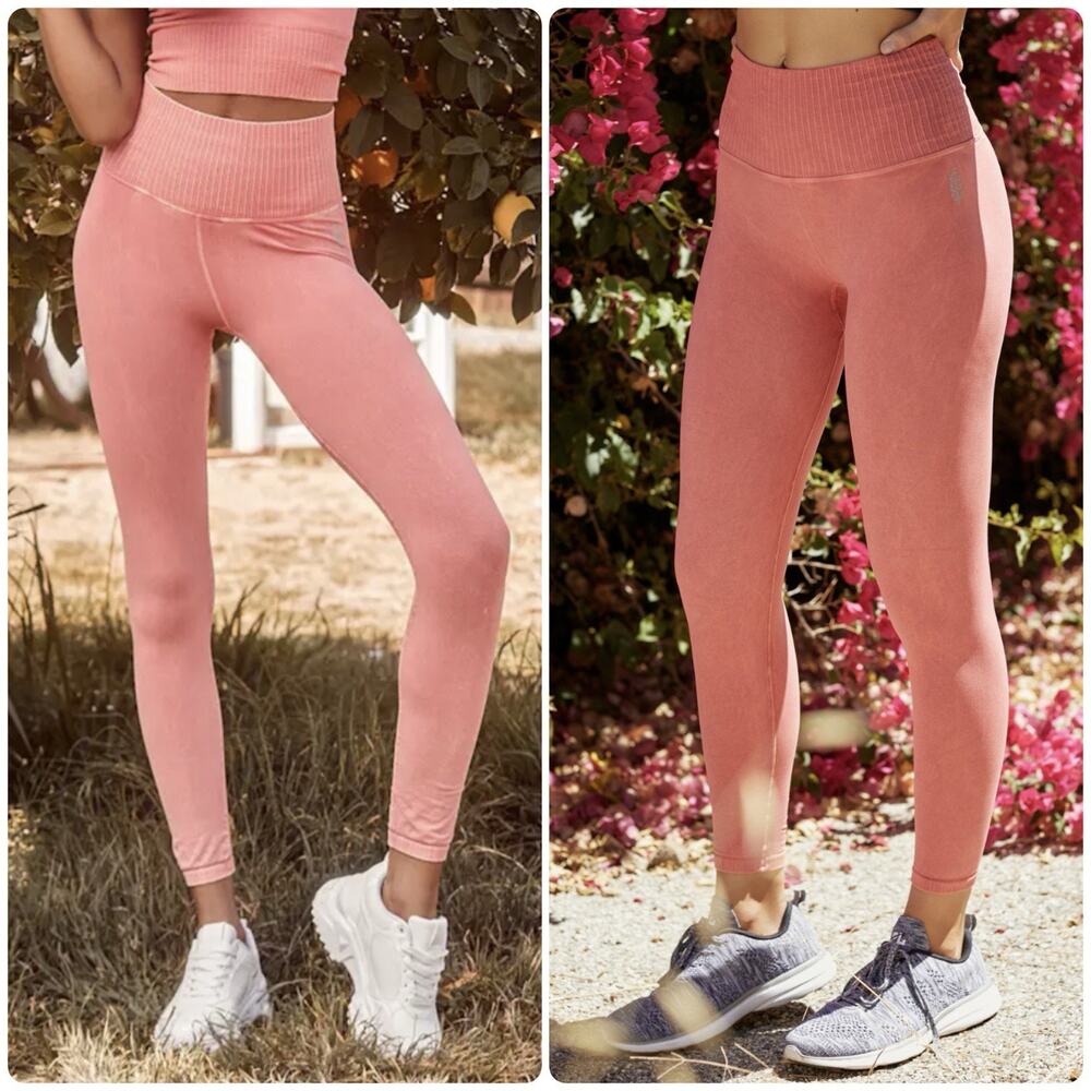 Free People FP Movement Good Karma Ribbed Leggings Coral High Rise Yoga Sz S/M